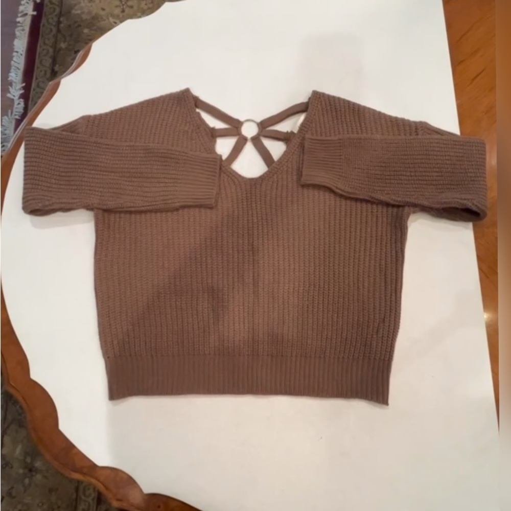 Say What? Brown V-Neck Sweater with Back Ring Detail. GUC! So cozy! - Picture 5 of 9